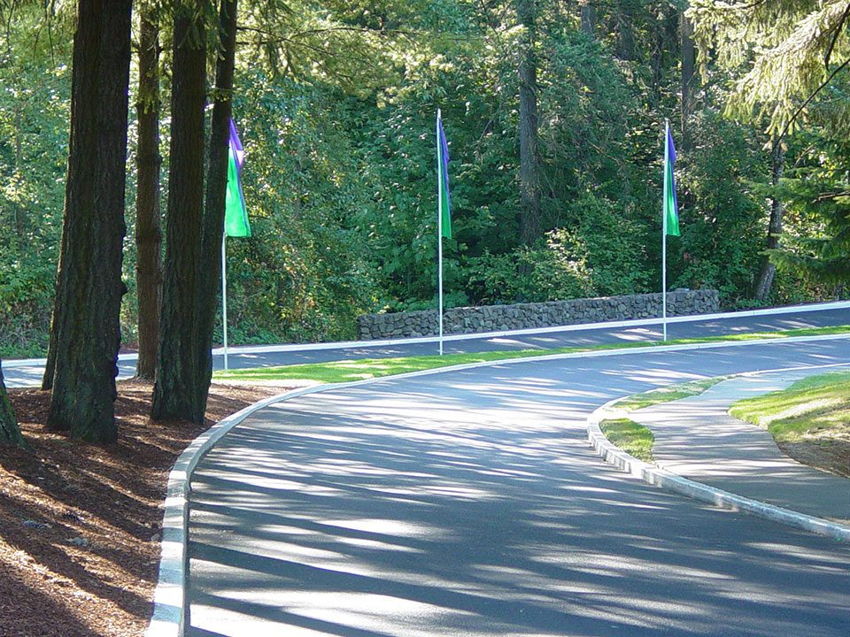 Windy roads in and out of Heritage Village. Tall trees along the roads. Tall green and blue flags are in the median. Lots of shade.
