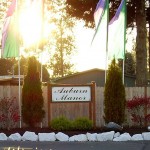 Front entrance sign to Auburn Manor that sits in front of a wooden fence with beautiful, tall trees behind. Four flags and two bushes sound the sign to draw attention.