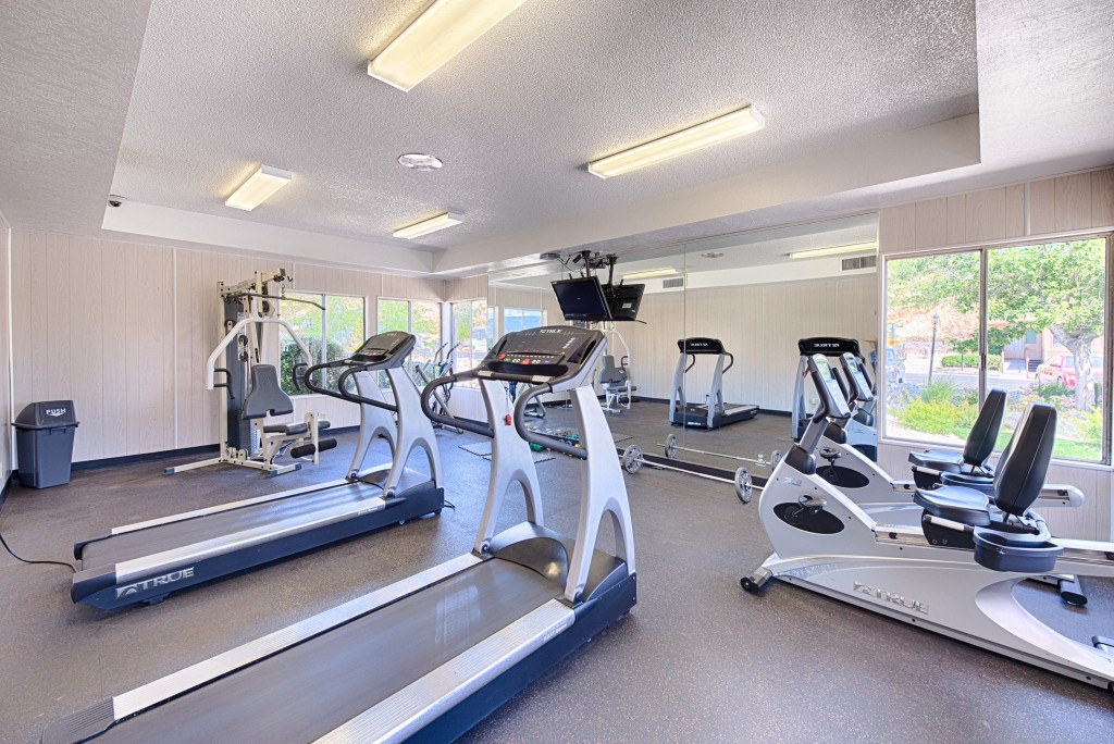 Fitness center with treadmills, stationary bikes, weight machine, and free weights.