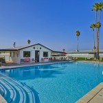 Beautiful, large outdoor pool opened year-round for residents to enjoy. Enclosed within a gate and surrounded by lounge chairs and palm trees.