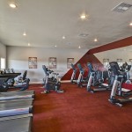 The fitness center, one of the many amenities of the community, includes a multitude of equipment. Treadmills, ellipticals, and stationary bikes sit on dark red carpet and provides a space for residents to freely exercise.