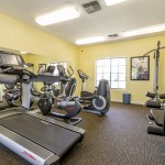 Fitness center with treadmill, stationary bikes and free weight machine.