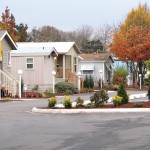 Clean paved streets in the neighborhood with row of manufactured homes. White lamppost at front of each property. Trees with fall leaves.