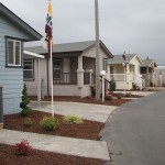 Clean paved street and manufactured homes for sale.