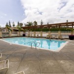 Enclosed outdoor community pool surrounded by lounge chairs for residents to relax under the sun. Open area with ample walking room around the pool.