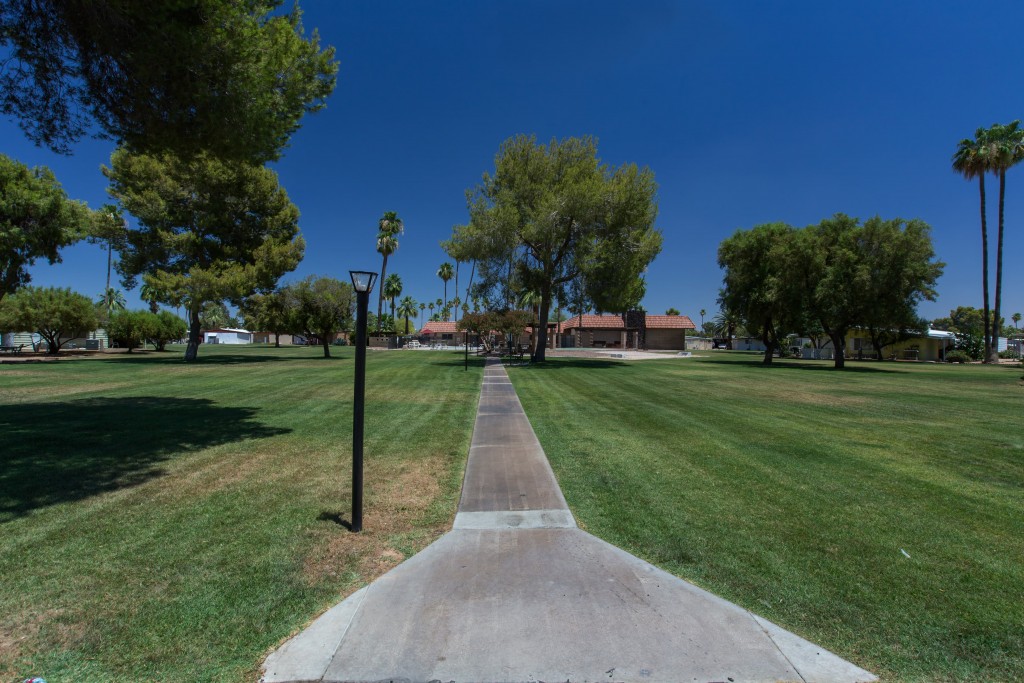 Large grassy park area with lighted path and plenty of trees for shade.