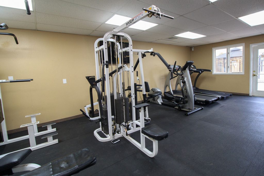 A fitness room with 2 treadmills, elliptical and a weight machine