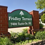 Fridley Terrace, an all age manufactured home community has a community sign in stone at the entrance with name and address.