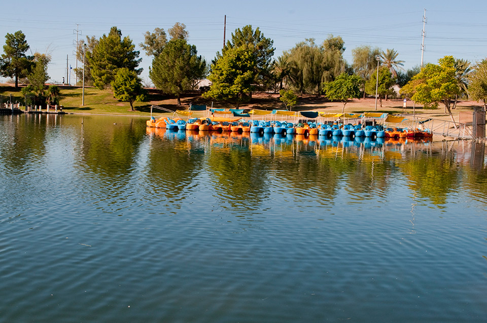 The lake is equipped with paddle boats to rent and use.
