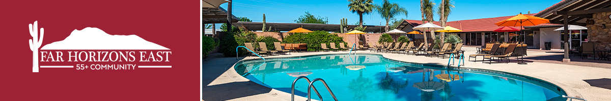 Far-Horizons-East-LOgo and photo of pool with patio chairs and umbrella tables