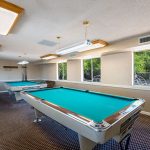 Billiards room with access to two billiards tables. Neutral colors throughout and windows with a view of the outdoors.